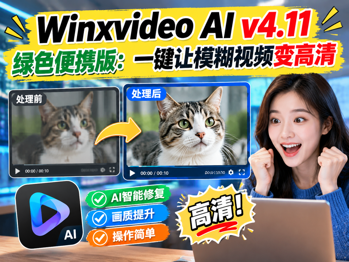 Winxvideo AI v4.11绿色便携版：模糊视频一键变高清，效果惊艳